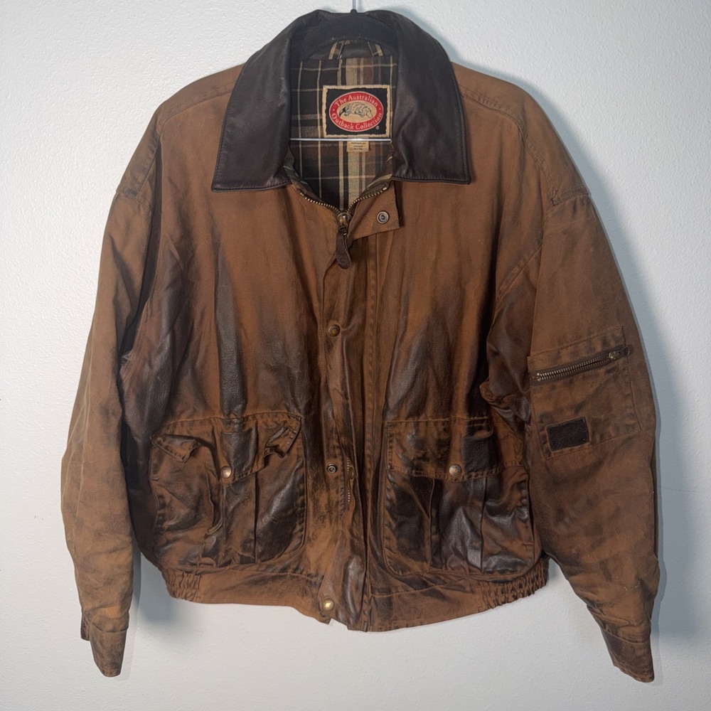 Vintage Waxed Cotton Oilskin Jacket Mens XL Australian Outback Leather Trim